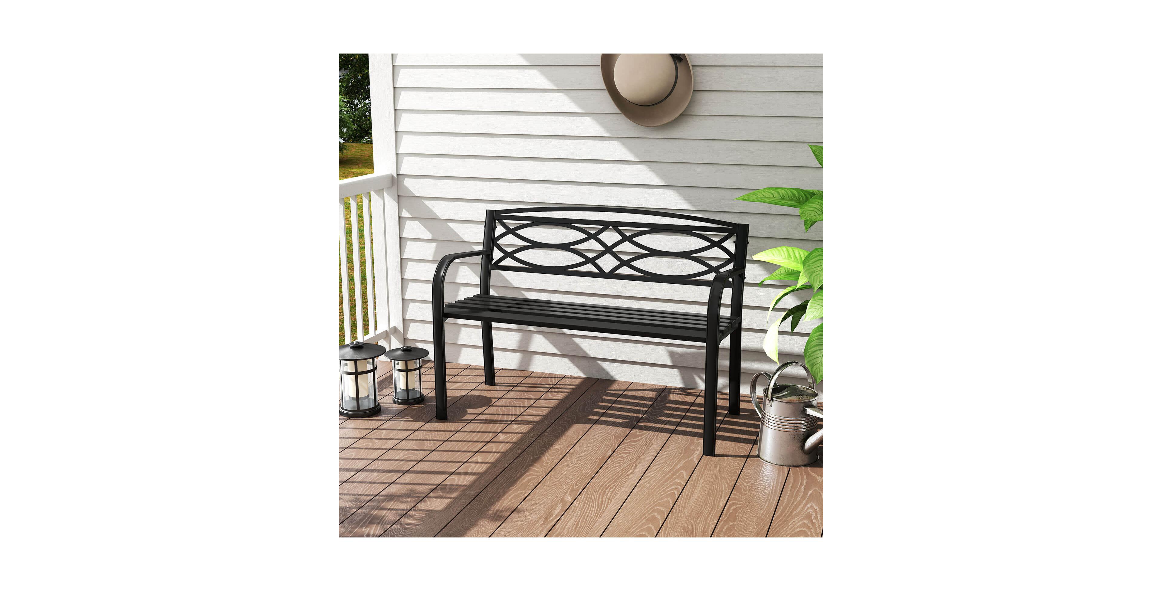 Costway Outdoor Bench 45.5" Patio Garden Bench with Backrest Curved Armrests for Backyard