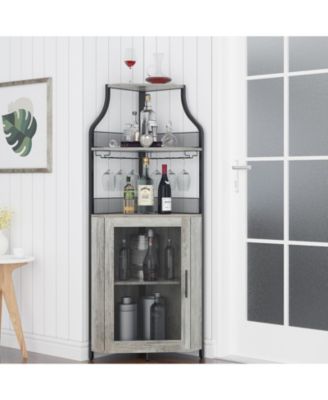 Corner Bar Cabinet with Glass Holder, Industrial Wine Cabinet with Adjustable Shelf