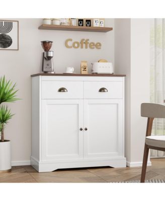 Farmhouse White Buffet Cabinet with Storage, Kitchen Sideboard with 2 Doors and 2 Drawers