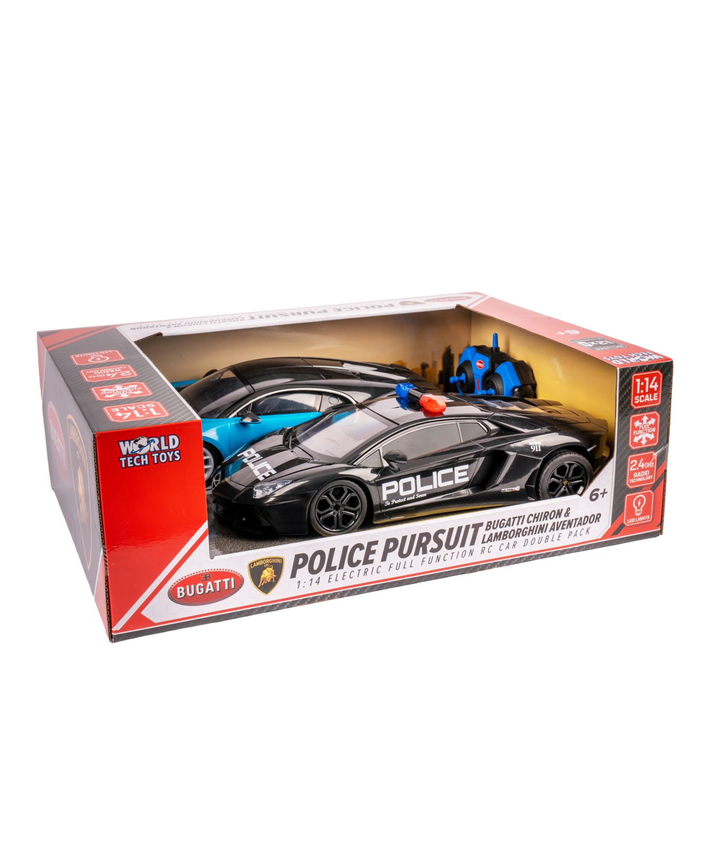 Детские игрушки World Tech Toys 1:14 Scale Police Pursuit Bugatti Chiron and Lamborghini Aventador Remote Control Cars, 2-Piece Set — фото 1
