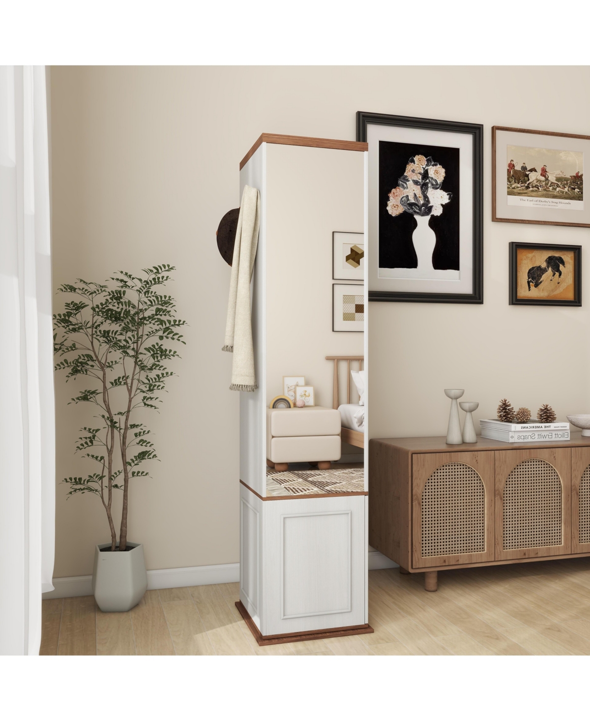 Sumyeg 360°Rotating Storage Cabinet with Full-Length Mirror in Antique White
