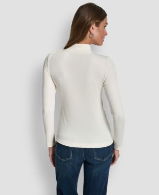Women's Jewel Button Shoulder Mock Neck Long-Sleeve T-Shirt