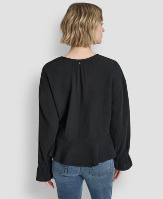 Women's Long-Sleeve Double Crepe Gauze Tie Neck Crop Top