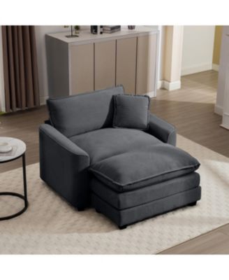 Grey Corduroy Deep Seat Chair with Footstool & Pillow