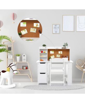 Kids Study Desk with Chair, White Desk Set for Kids, Student Writing Desk with Bookshelf, Bulletin Board and Cabinets for Boys and Girls