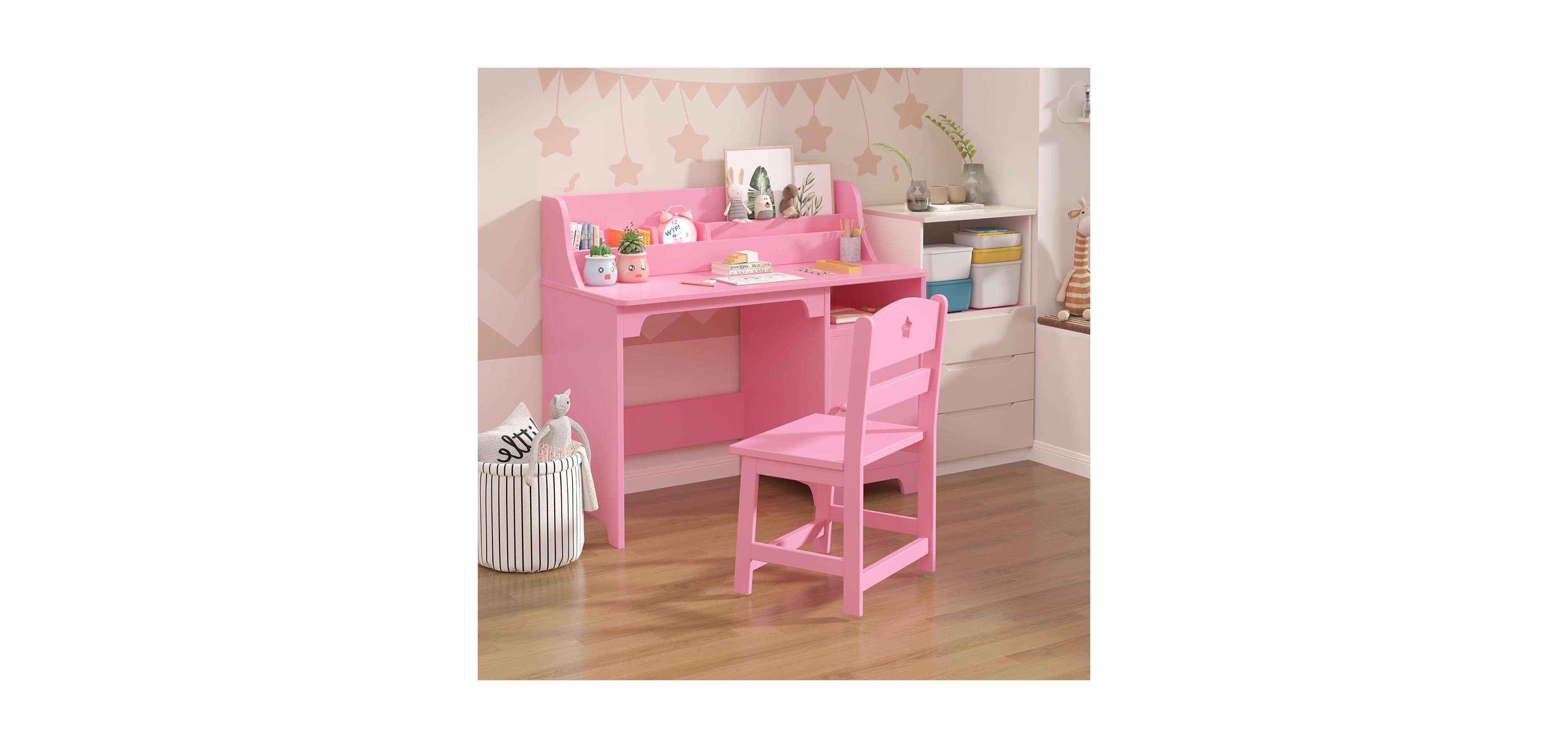 Gaomon Kids Desk and Chair Set, Wooden Study Table with Hutch and Storage Cabinet for Home or School