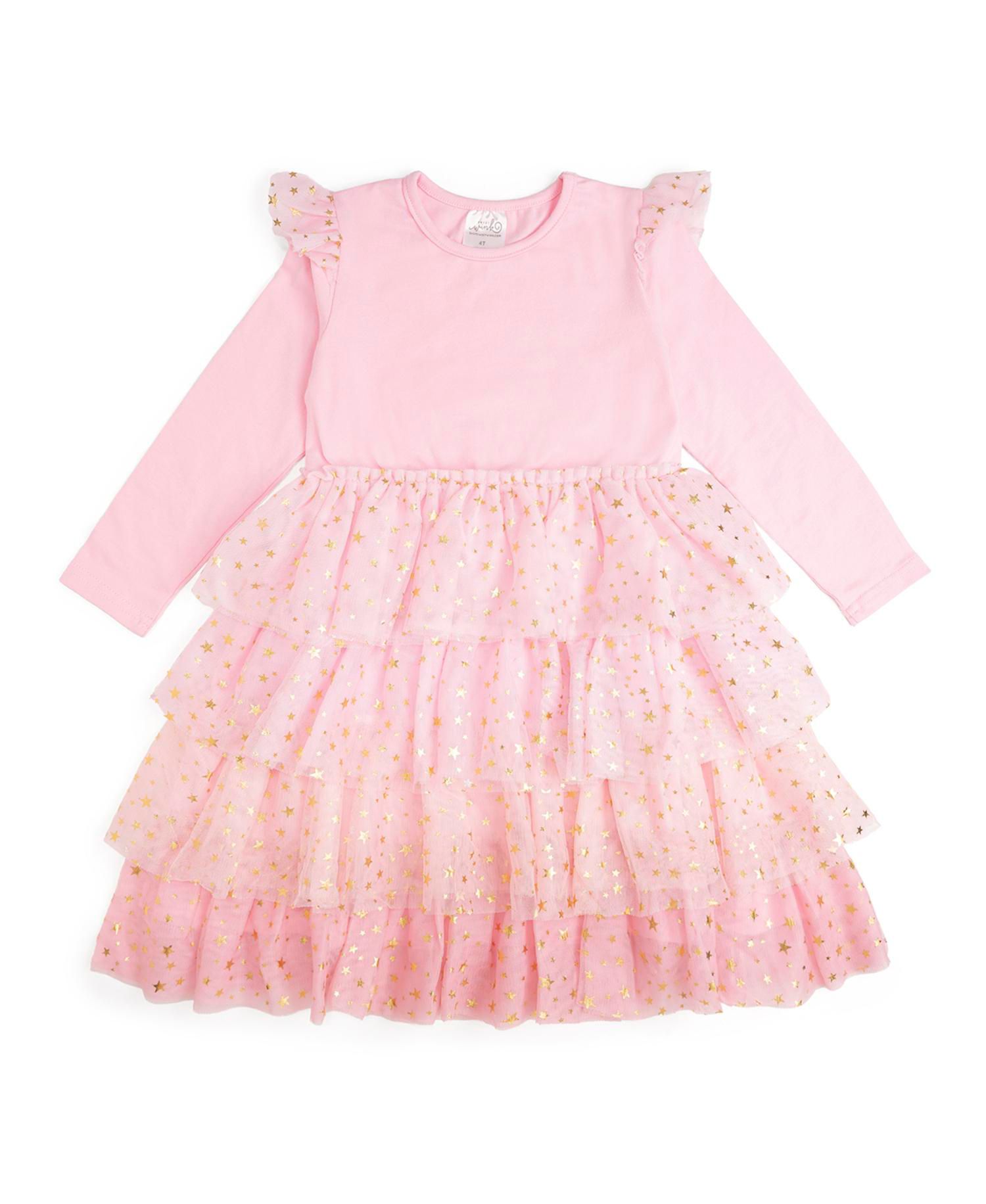 Girls Pink Princess Tiered Long Sleeve Tutu Dress