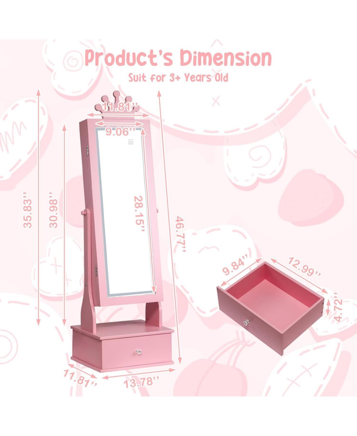 Gaomon Kids Jewelry Armoire with Led Light, Freestanding Organizer Mirror & 3 Drawers