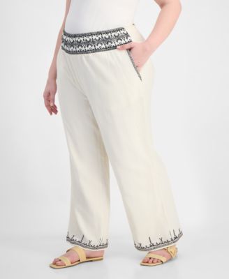 Trendy Plus Size Embroidered Cotton Wide Leg Pants