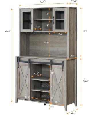 70" Kitchen Pantry Cabinet with Sliding Barn Door, Coffee Bar, Wine and Stemware Rack, Adjustable Shelves, Gray