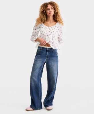Juniors' Lace-Trim Wide-Leg Baggy Jeans