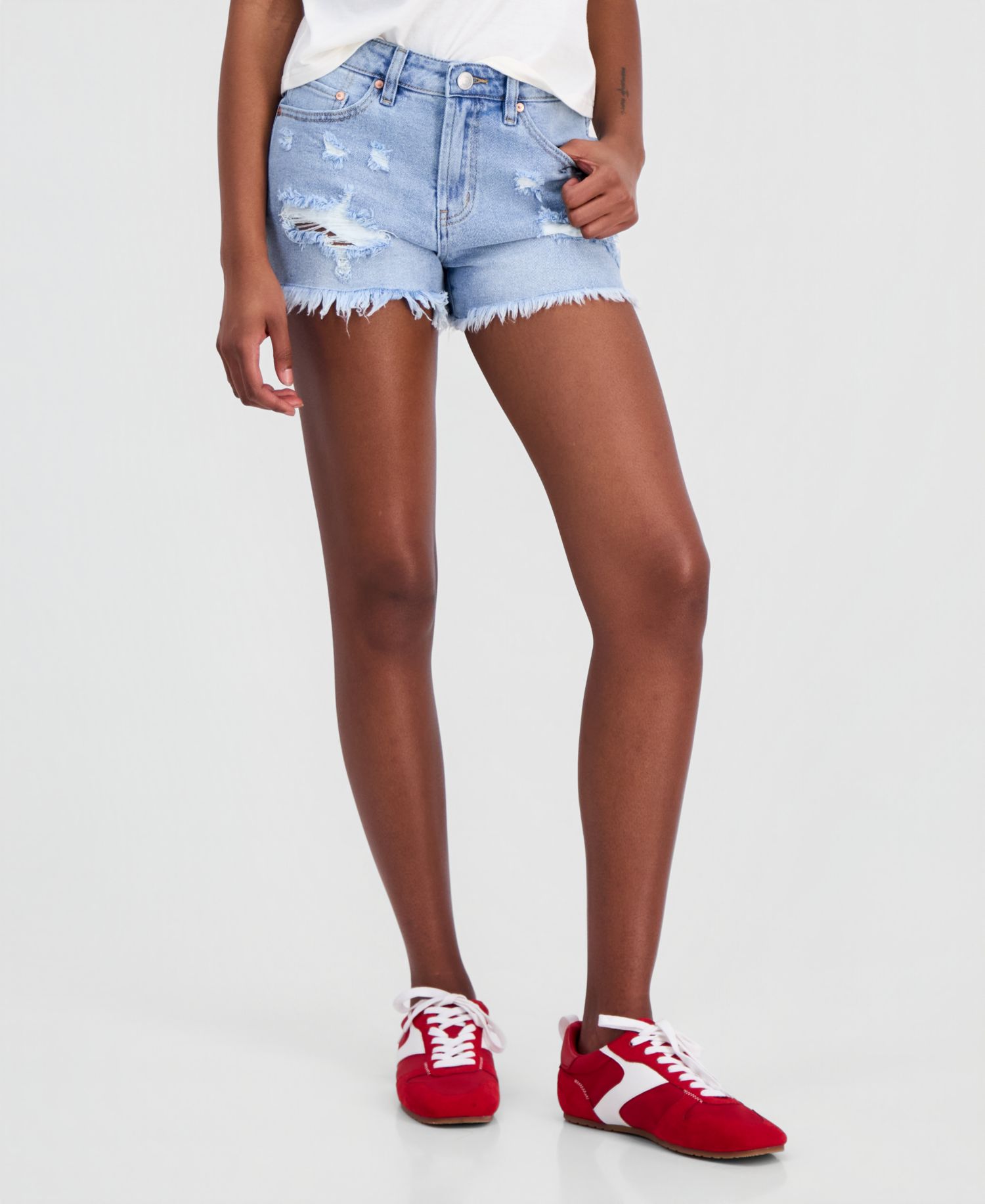 Juniors' Destructed Festival High Rise Denim Shorts