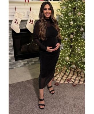 Maternity Black Shimmer Mesh Long Sleeve Ruched Midi Dress