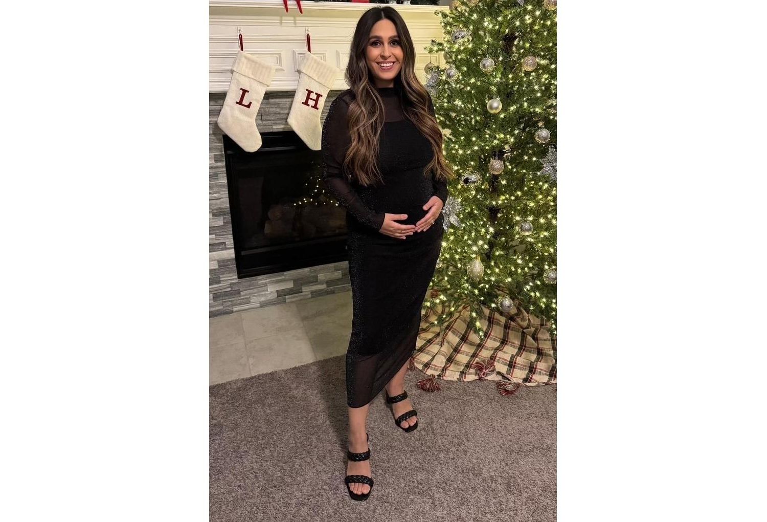 Women's Brown Shimmer Mesh Long Sleeve Ruched Midi Dress