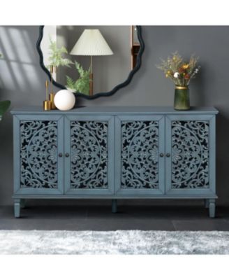 Streamdale 60" Antique Blue Buffet Cabinet - Floral Carvings, Solid Wood Legs