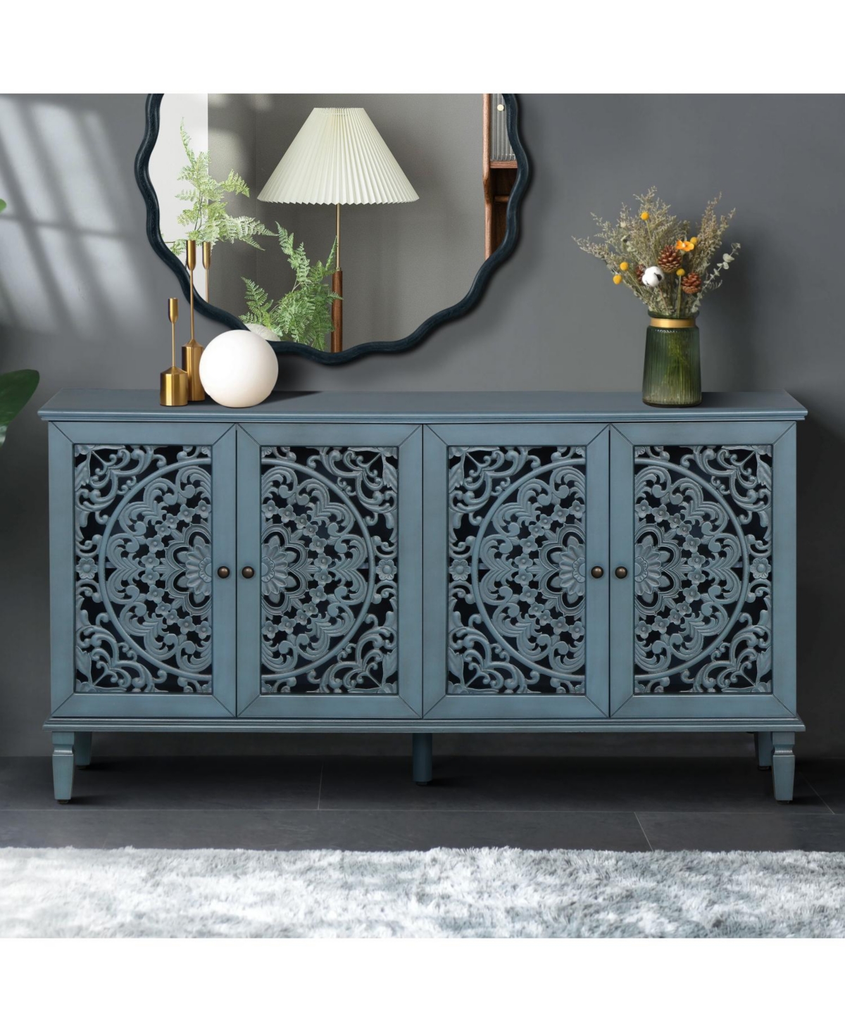 Streamdale 60" Antique Blue Buffet Cabinet - Floral Carvings, Solid Wood Legs