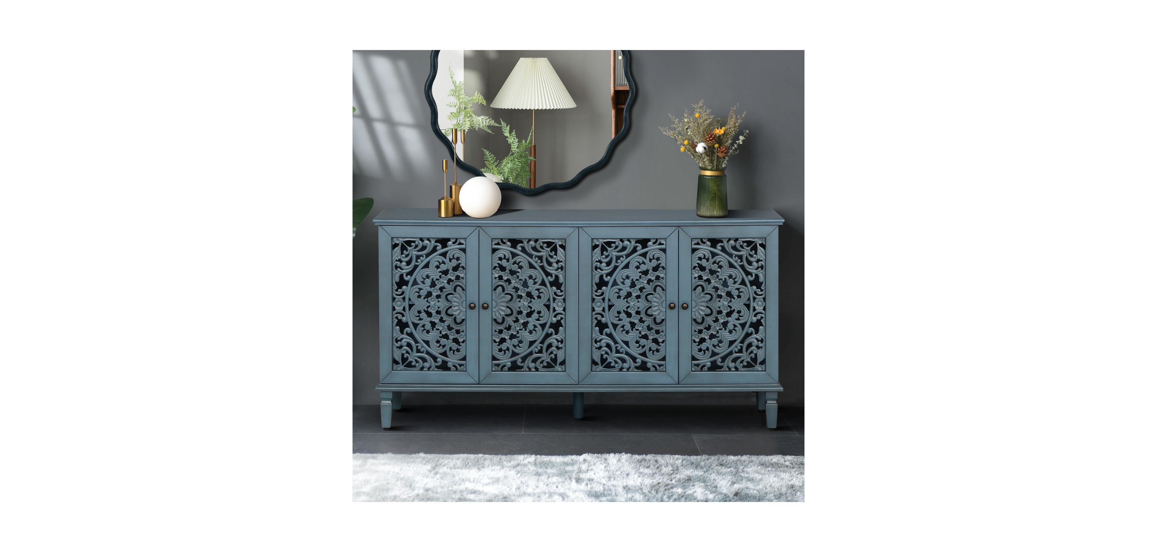 Streamdale 60" Antique Blue Buffet Cabinet - Floral Carvings, Solid Wood Legs