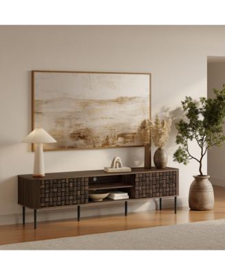 Dark Oak with Basket Weave Design Manufactured Wood 2-Sliding Door TV Console Cabinet