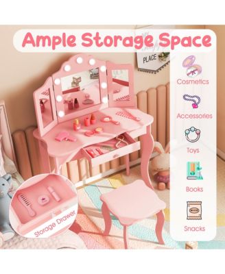 Kid Vanity Table Stool Set Tri-Folding Mirror Adjustable 3-Color LED