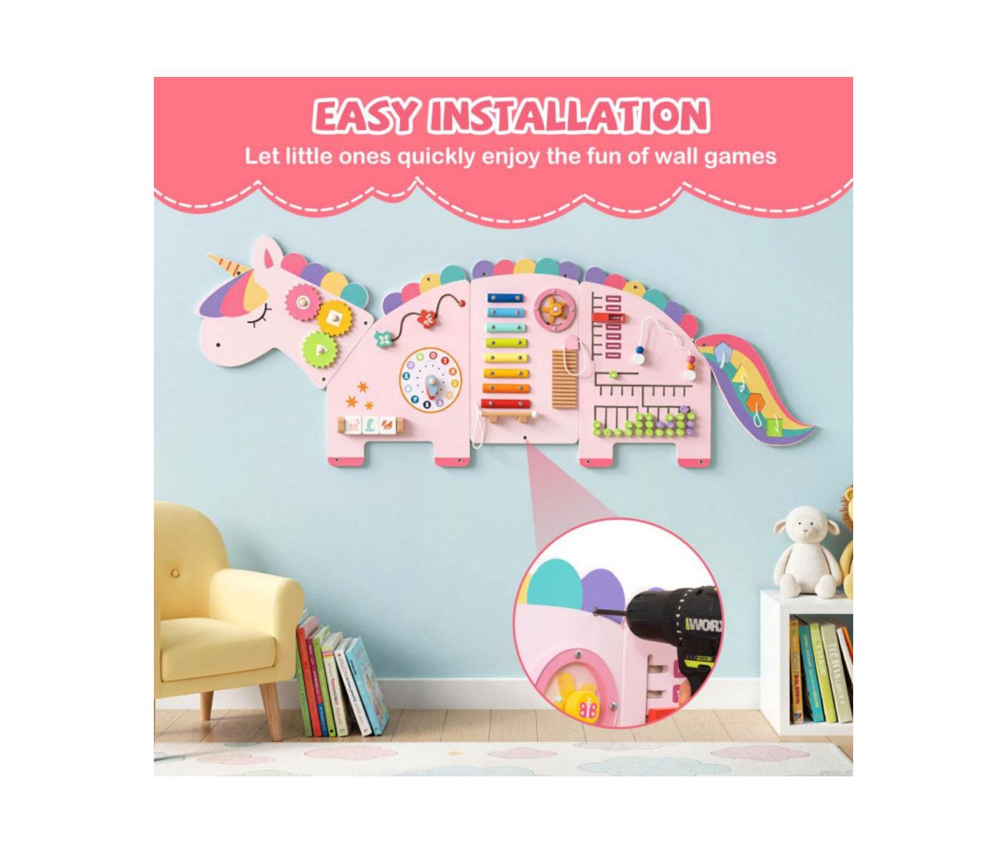 Детская игрушка HONGGE Kids Montessori Sensory Busy Board with 11 Learning Activities, цвет: Розовый — фото 9