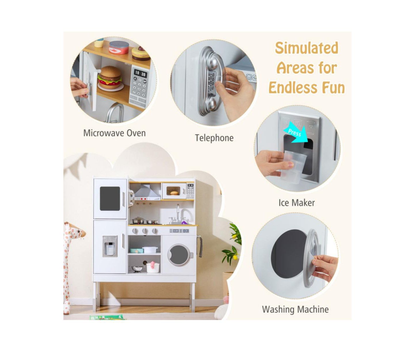 Детские игрушки HONGGE Adjustable-Height Wooden Play Kitchen Set, Ages 3+, цвет: Белый — фото 7