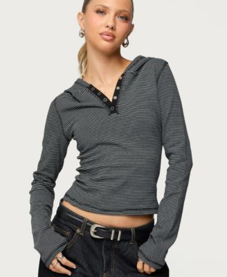 Women's Damson Striped Hooded Henley Top
