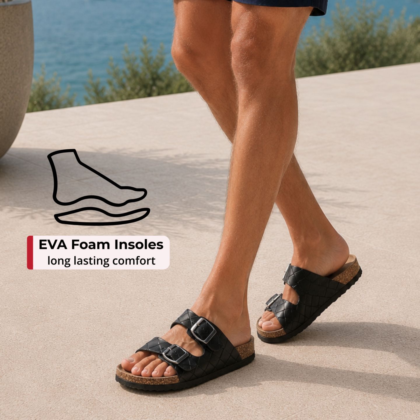 Мужские сандалии Alpine Swiss Double Strap Contour Sandals Slip on Buckle Slides Faux Leather Footbed Sandal Ergonomic Cork-Inspired Sole Summer Footwear, цвет: Чёрный — фото 5