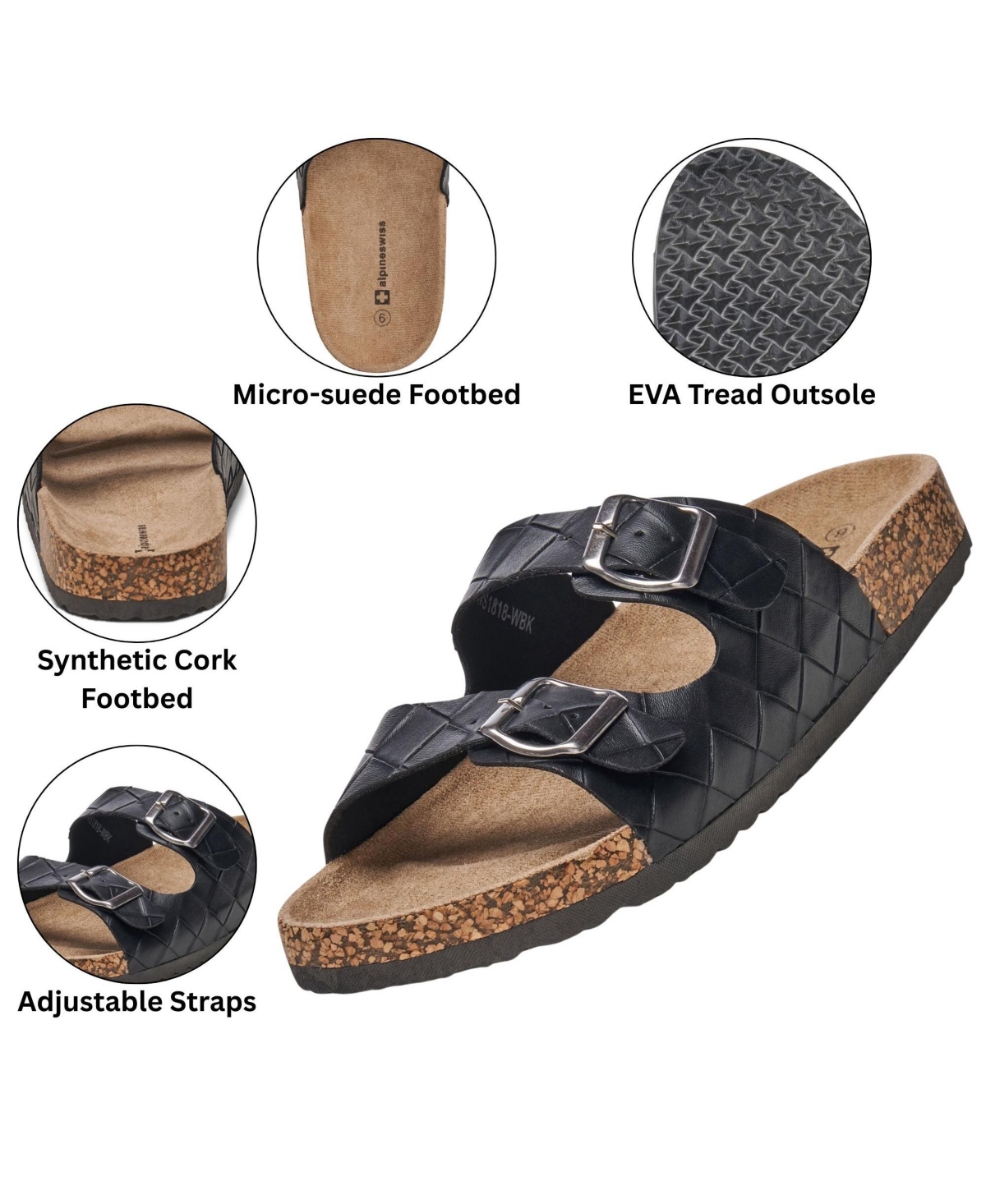 Alpine Swiss Men's Double Strap Contour Sandals Slip on Buckle Slides Faux Leather Footbed Sandal Ergonomic Cork-Inspired Sole Summer Footwear