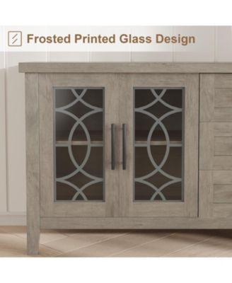 Farmhouse TV Stand for 70" TVs, Mid-Century Console with Glass Door, 2 Doors, 3 Drawers and Shelves