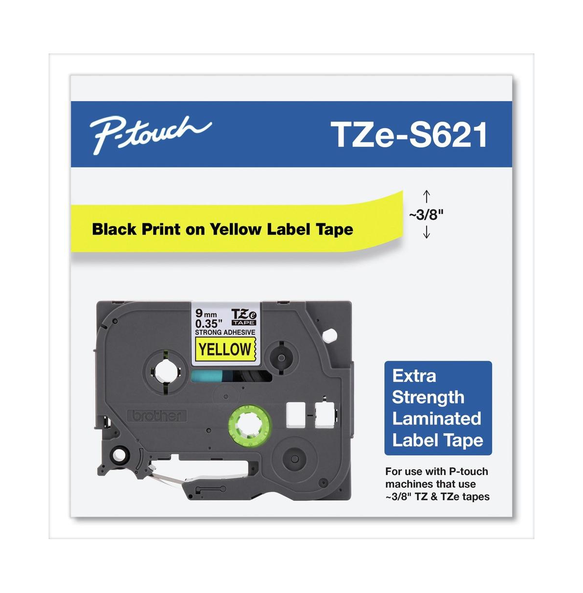 Brother P-Touch TZES621 0.35 in. x 26.2 ft. TZe Laminated Removable Label Tapes - Black on Yellow