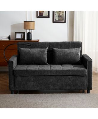 56.9" Loveseat Sofa Bed, Pull-Out Sleeper, Linen, Reversible Backrest, Side Pockets, USB Ports, Phone Holder