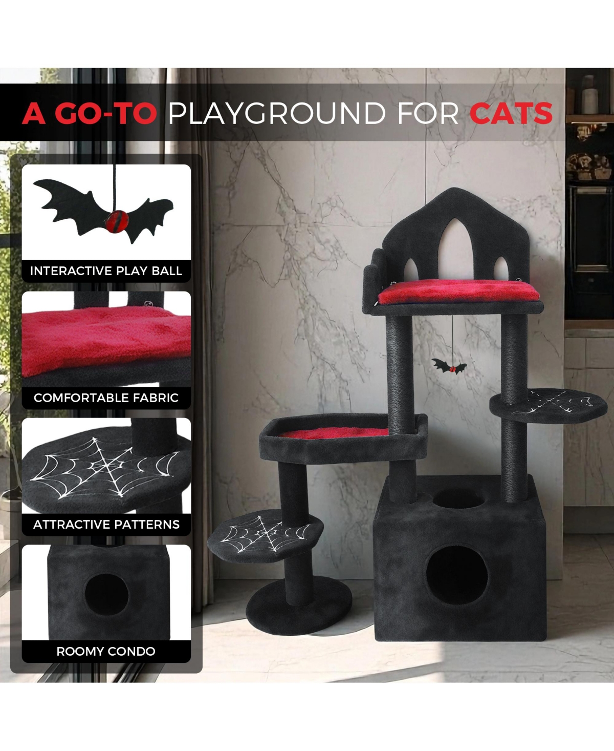 Zeus & Ruta 44.5" Black Gothic Cat Tree - Multi-Level with Hammock
