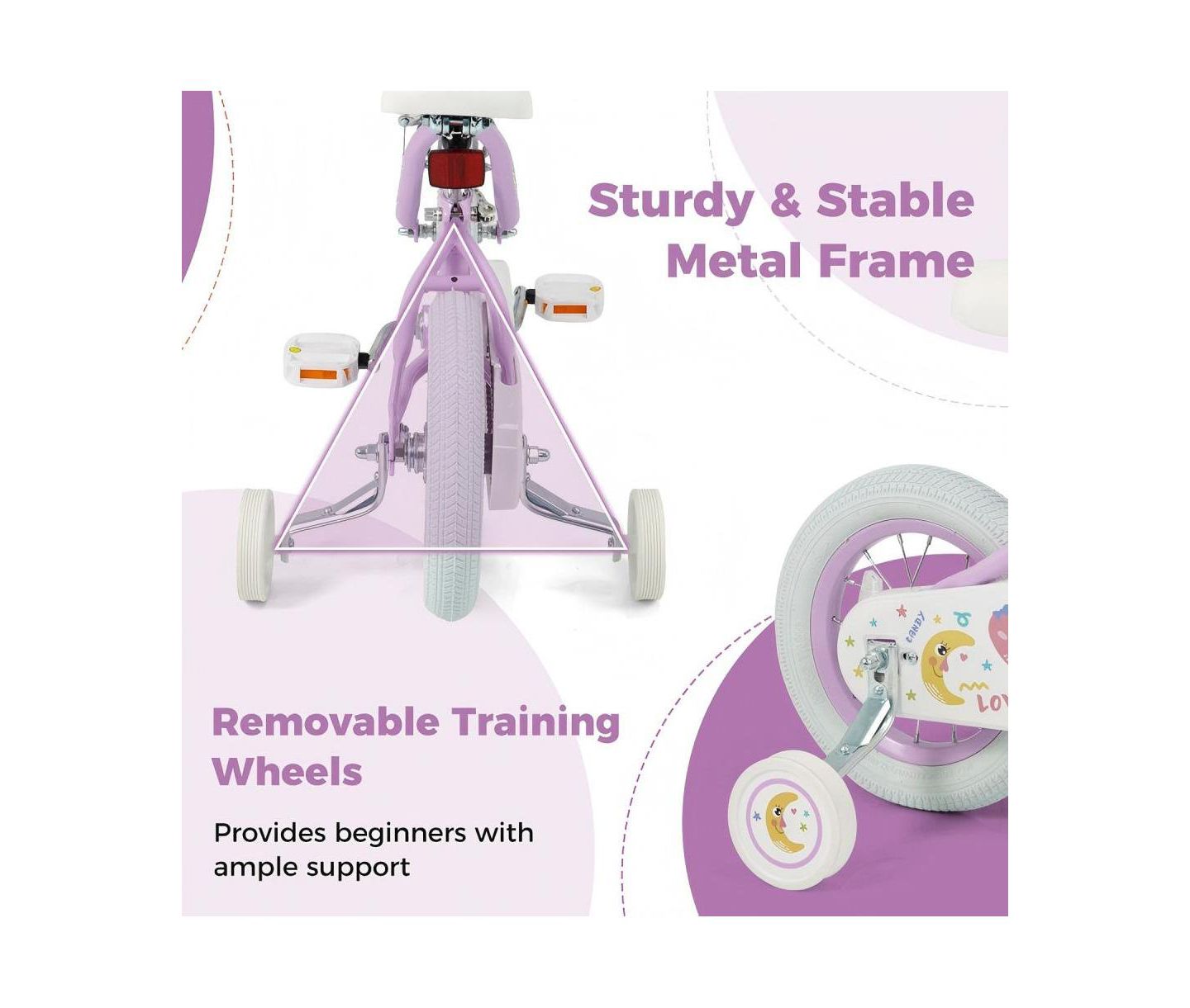 Детская игрушка HONGGE Adjustable Training Bike with Dual Brake and Training Wheels, Ages 3-10, цвет: Фиолетовый — фото 8