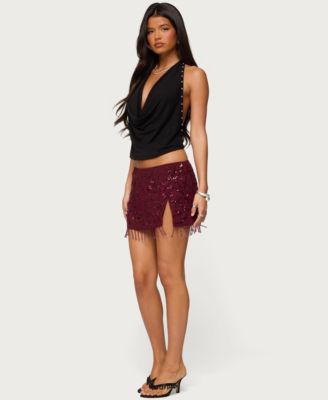 Women's Chiffon Sequin Bead Fringed Mini Skirt