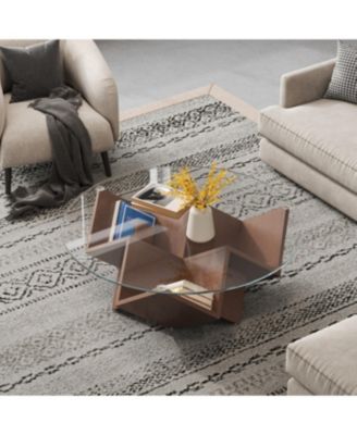 Round Coffee Table with Glass Top & Art Deco Base, Walnut, 35.4