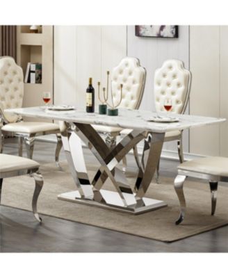 Marble Dining Table for 6, 70" Rectangle Faux Marble Table with Stainless Steel Base.