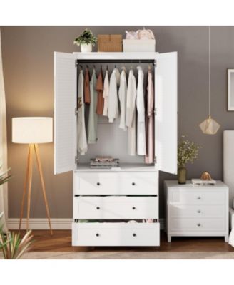 Modern Armoire Wardrobe Closet with 3 Drawers & 2 Doors, Tall Standing Wooden Cabinet for Hanging Clothes, Heavy Duty Storage