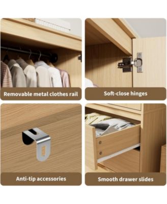 Armoire Wardrobe Closet with 3 Drawers and 2 Doors, Modern Tall Wooden Wardrobe Cabinet for Hanging Clothes, Bedroom Storage Organizer