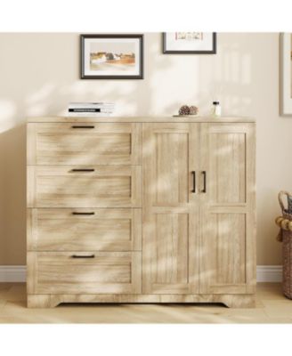 43.3" Armoire Wardrobe Closet with 4 Drawers and 2 Doors, Wooden Dresser with Hanging Rod, Multifunctional Storage Cabinet for Bedroom