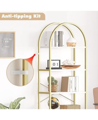Arched 5-Tier Bookshelf, Modern Bookcase with Gold Metal Frame, Tall Wood Storage Shelf for Living Room, Bedroom, Home Office, Easy Assembly