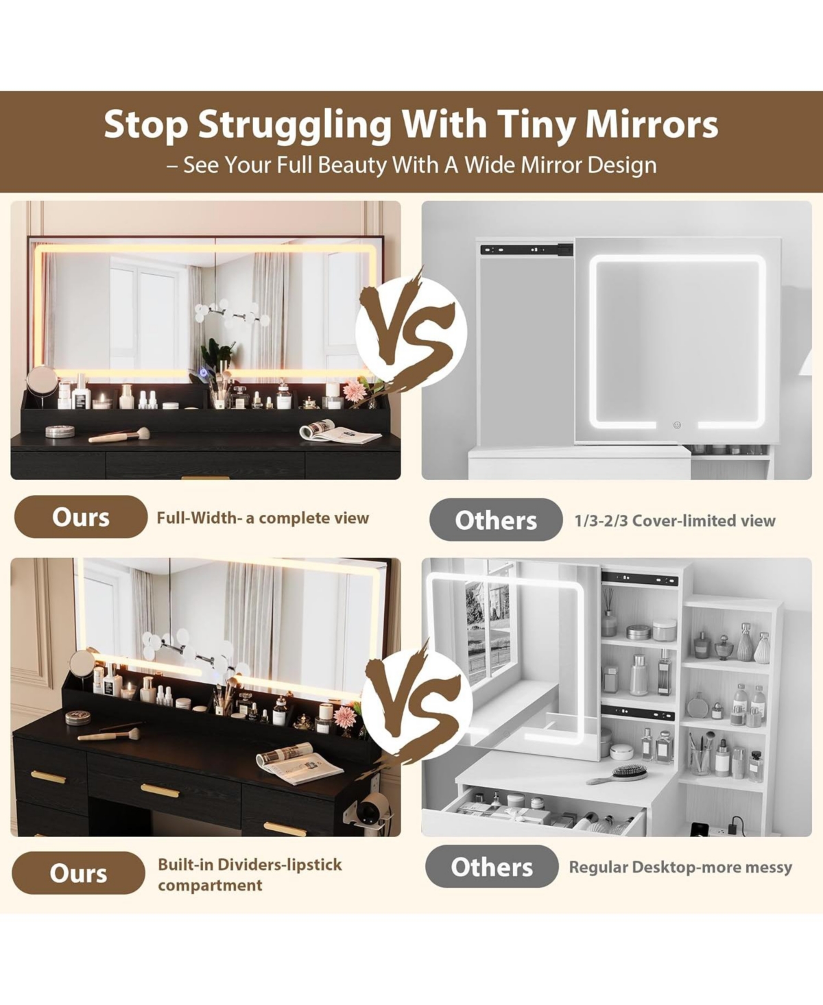 Gaomon Vanity Desk with Large Lighted Mirror, 45.9" Makeup Table, 3 Light Modes & Power Outlet, 8 Drawers, Wall-Mounted, for Bedroom