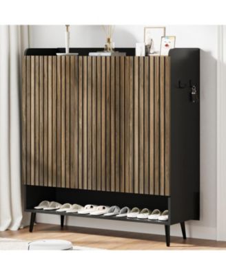 Large 6-Tier Shoe Cabinet with 3 Doors, Handleless Shoe Organizer with Hooks, Freestanding Entryway Storage Cabinet