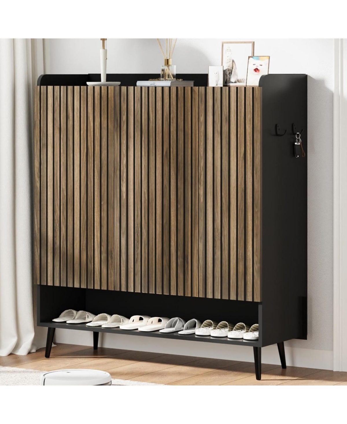 gaomon Large 6-Tier Shoe Cabinet with 3 Doors, Handleless Shoe Organizer with Hooks, Freestanding Entryway Storage Cabinet