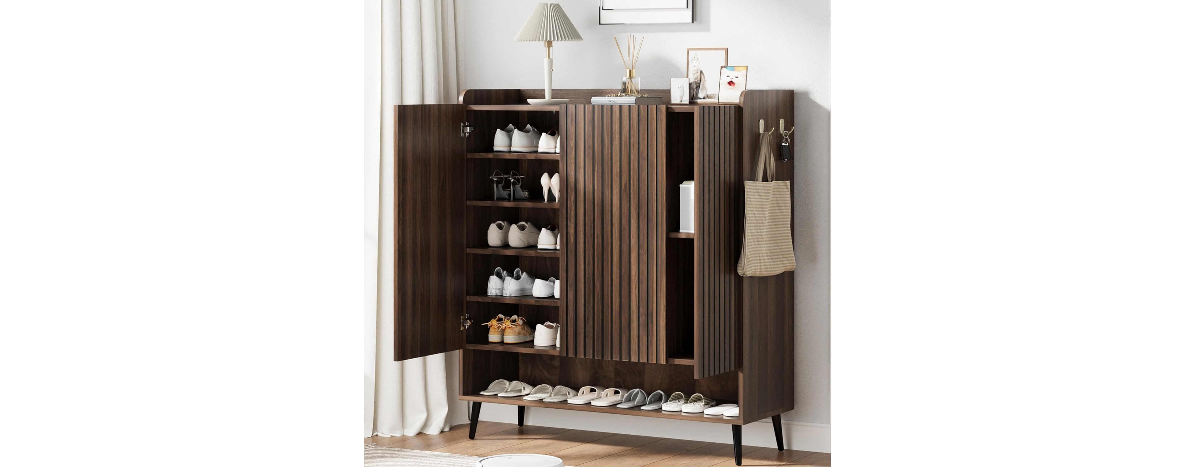 gaomon Large 6-Tier Shoe Cabinet with 3 Doors, Handleless Shoe Organizer with Hooks, Freestanding Entryway Storage Cabinet