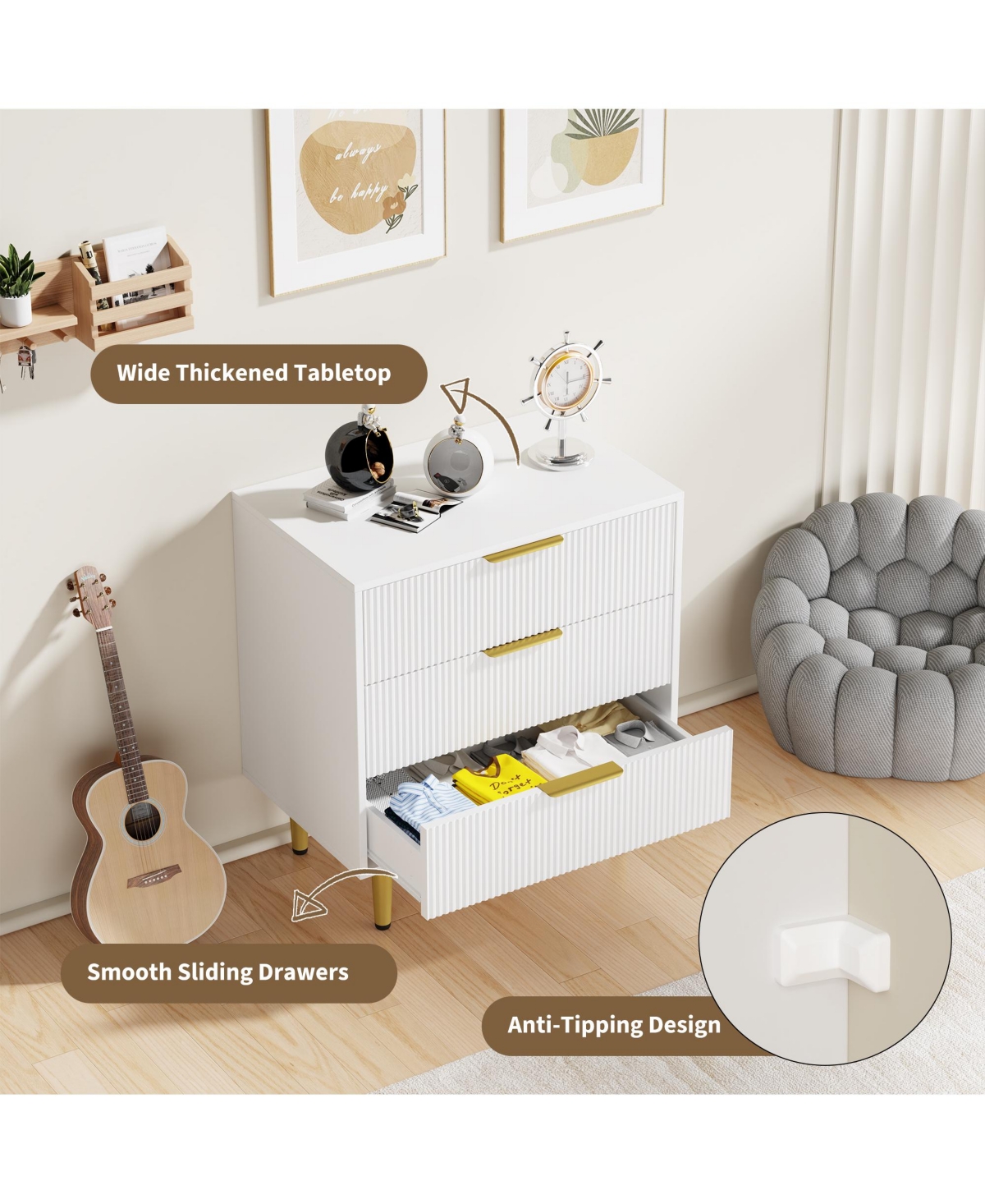 Gaomon Fluted Dresser for Bedroom,Wooden Chest of Drawers with Metal Handle & Feet