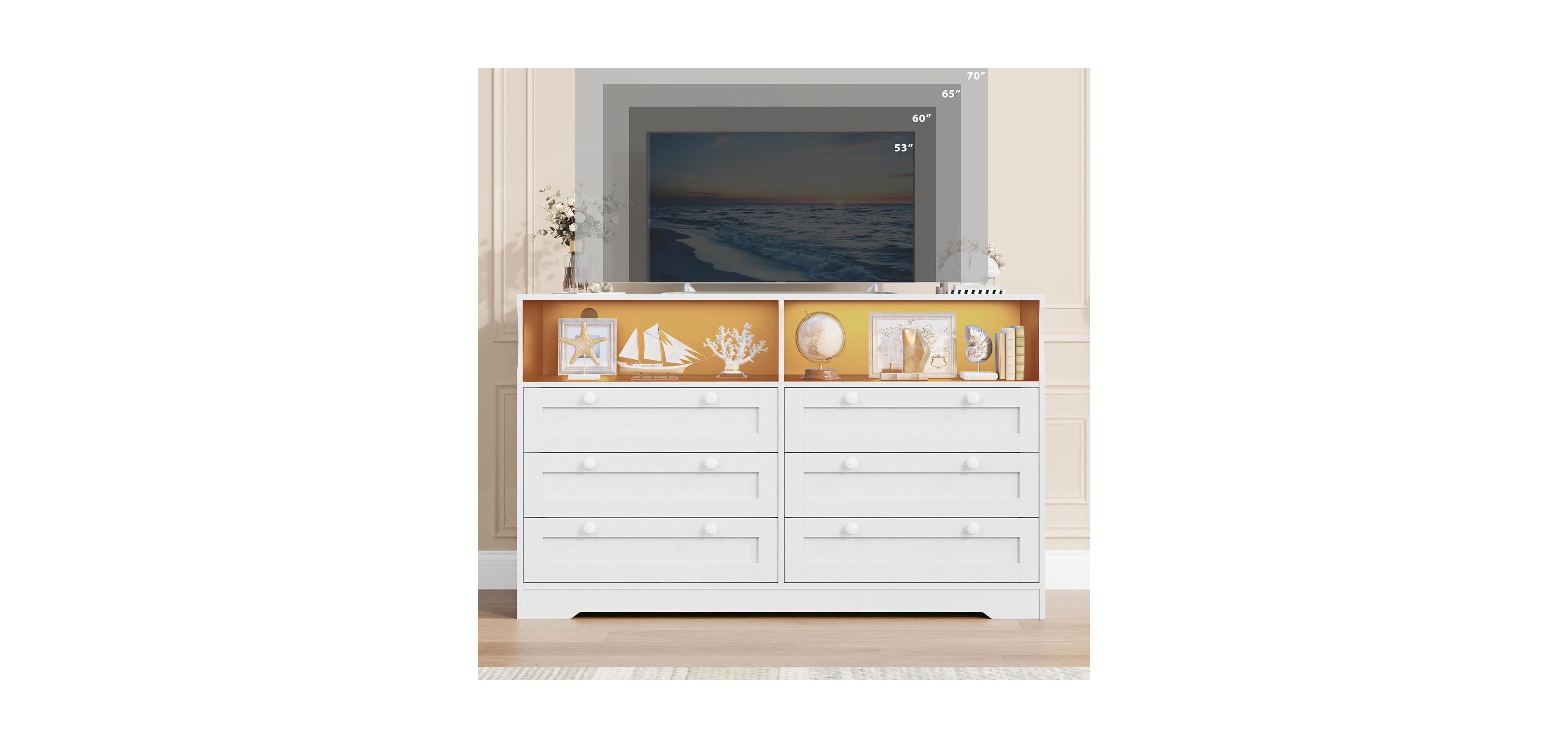 gaomon 6-Drawer Wooden Built-In Power Outlet, Led Light, Handles and Tv Stand Design Dresser