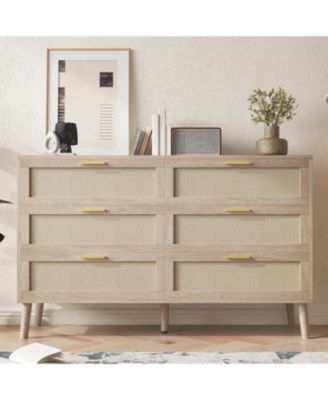 6-Drawer Oak Finish Natural Rattan Gold Metal Handles Farmhouse Style, Ample Storage, Durable Construction, Anti-Tip Safety Dresser