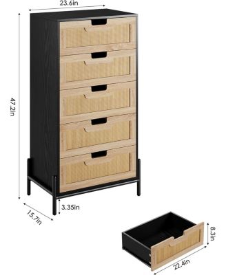 5-Drawer Rattan & Wood Farmhouse Cabinet with Metal Legs – Modern Dresser