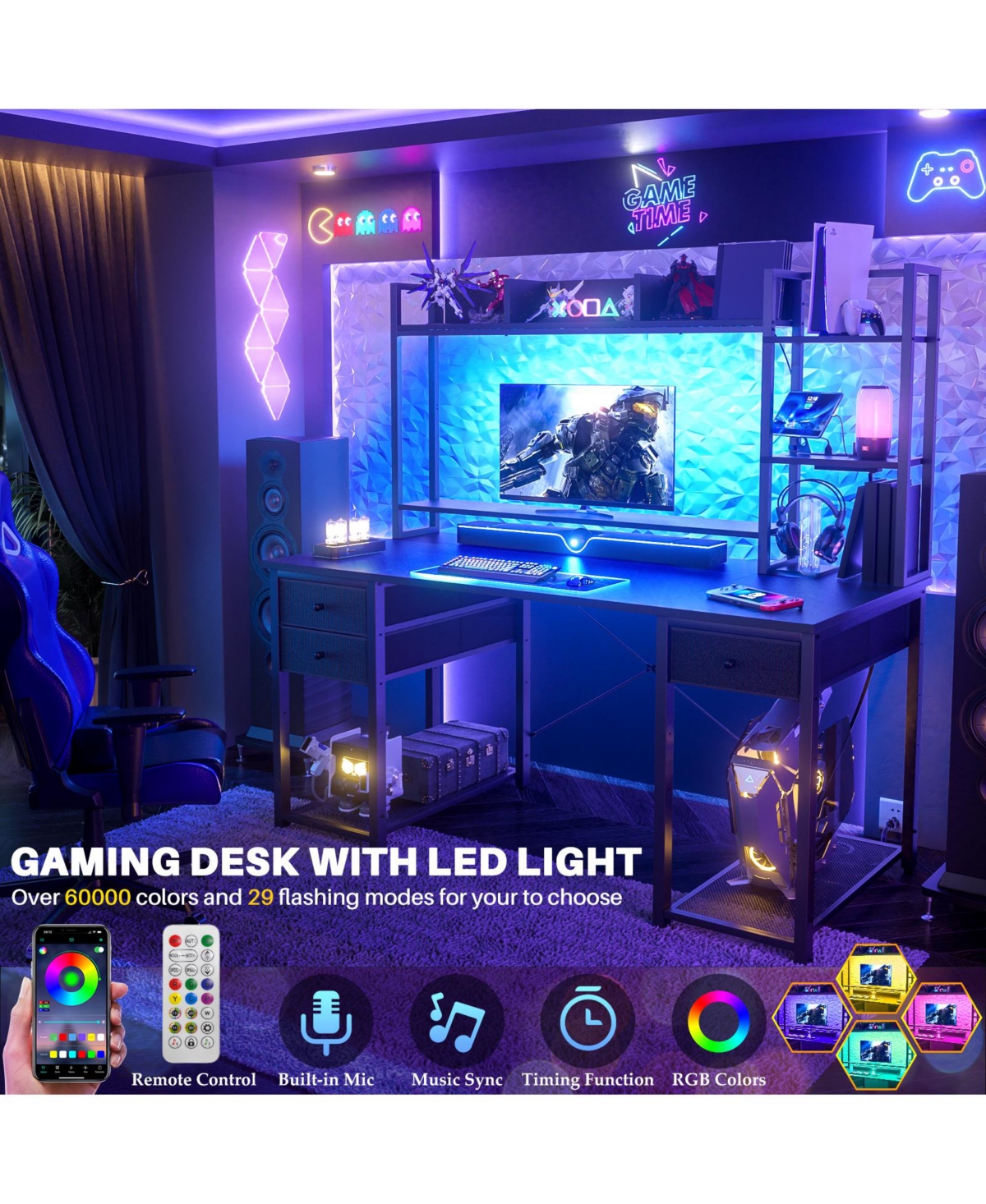 Aheaplus 47-55 inch Computer Desk with 3 Drawers and Storage Shelves