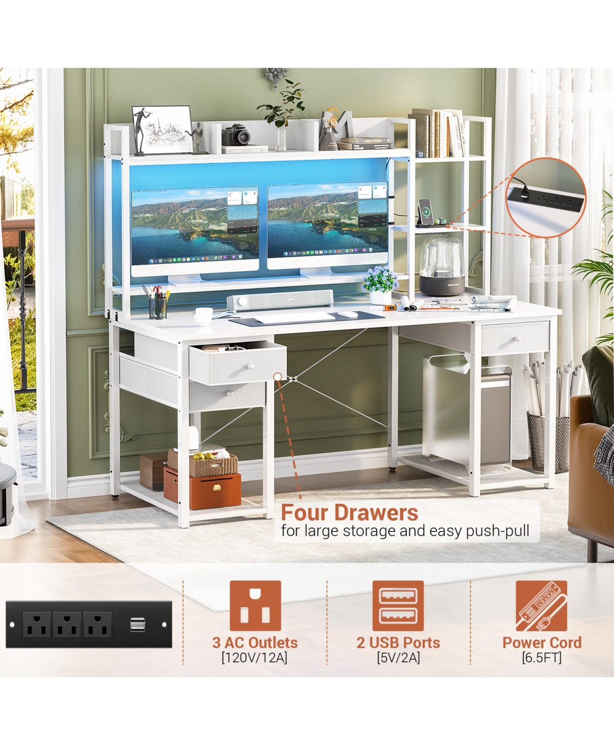 Aheaplus 47-55 inch Computer Desk with 3 Drawers and Storage Shelves